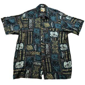 Vintage Ron Chereskin Mens Hawaiian Shirt Size XL Geo Black Floral Casual Hippie